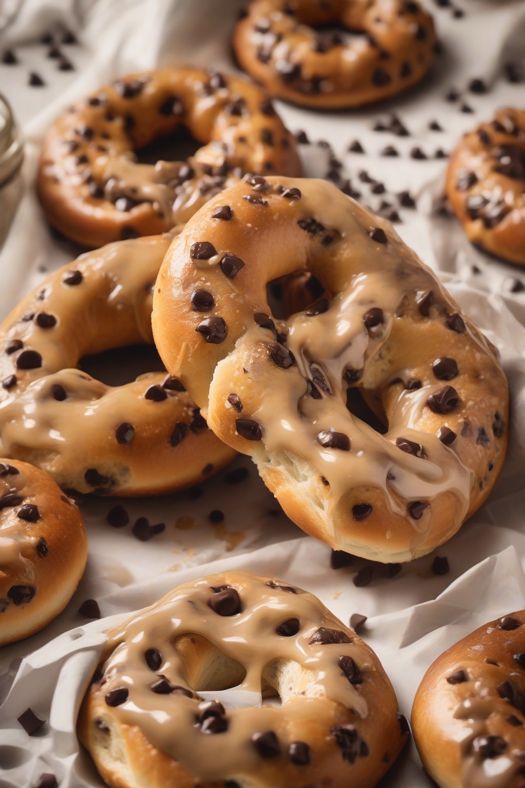 A high-resolution close-up photo of chocolate chip bagels with gooey melted chips oozing, warm and inviting, under soft lighting.