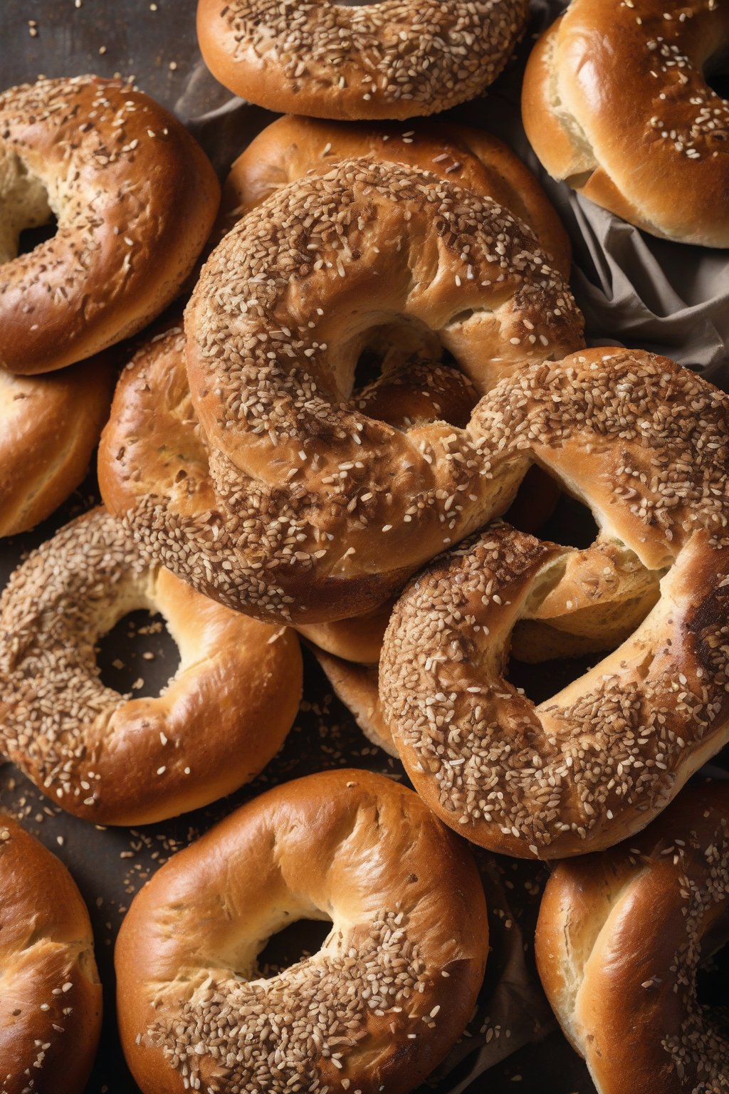 A high-resolution close-up photo of whole wheat bagels with a rustic brown crust and hearty texture, sliced with butter, under soft lighting.