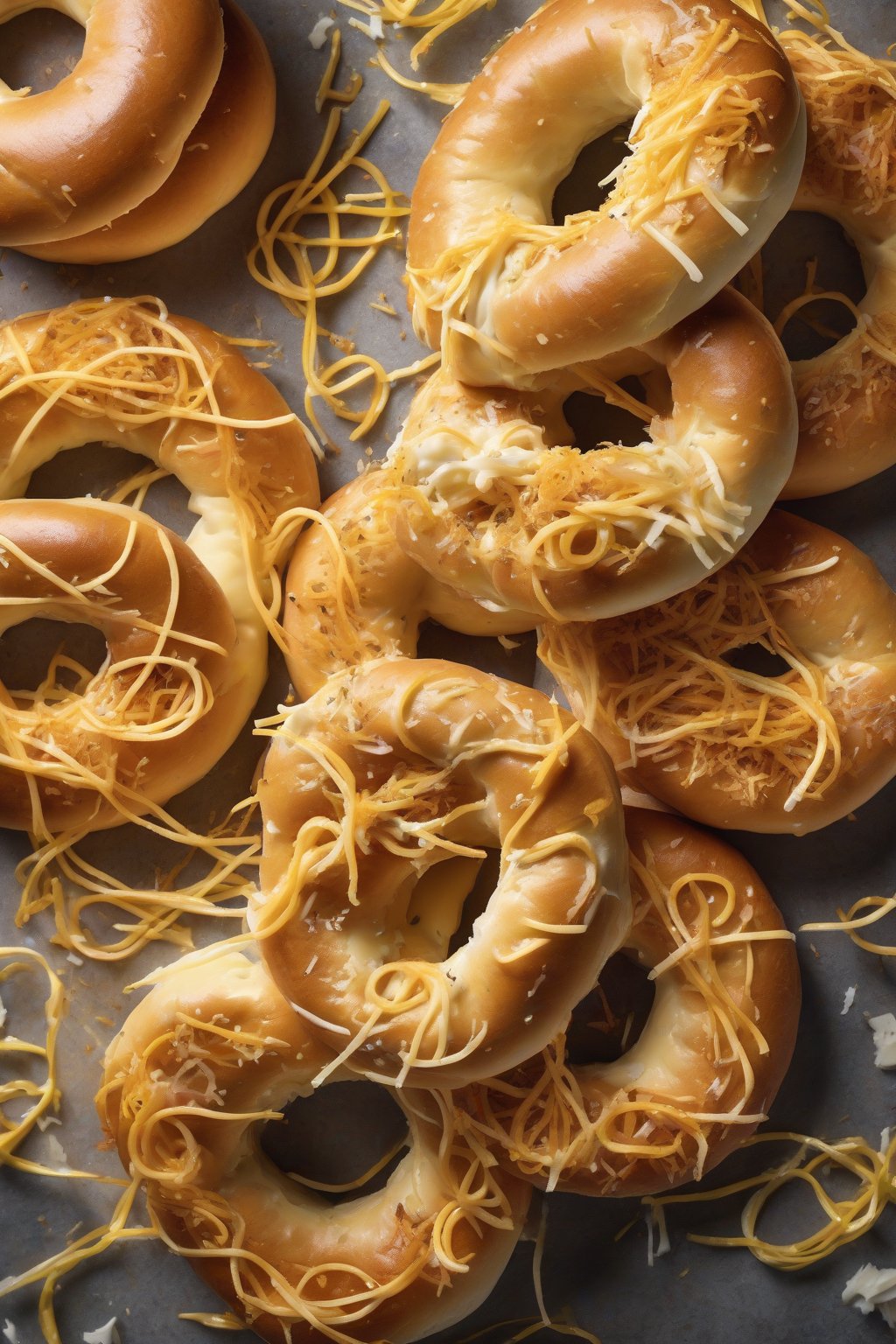 A high-resolution close-up photo of Asiago cheese bagels with melted golden cheese strings pulling apart, savory and crisp, under soft lighting.