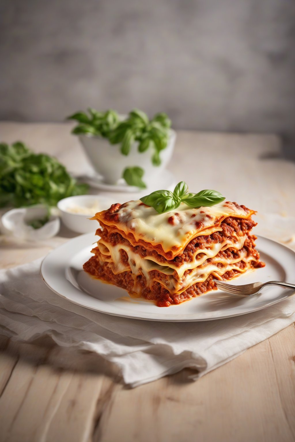 A high-resolution photo of a slice of classic Bolognese lasagna with visible meaty layers and melted cheese, under soft lighting.