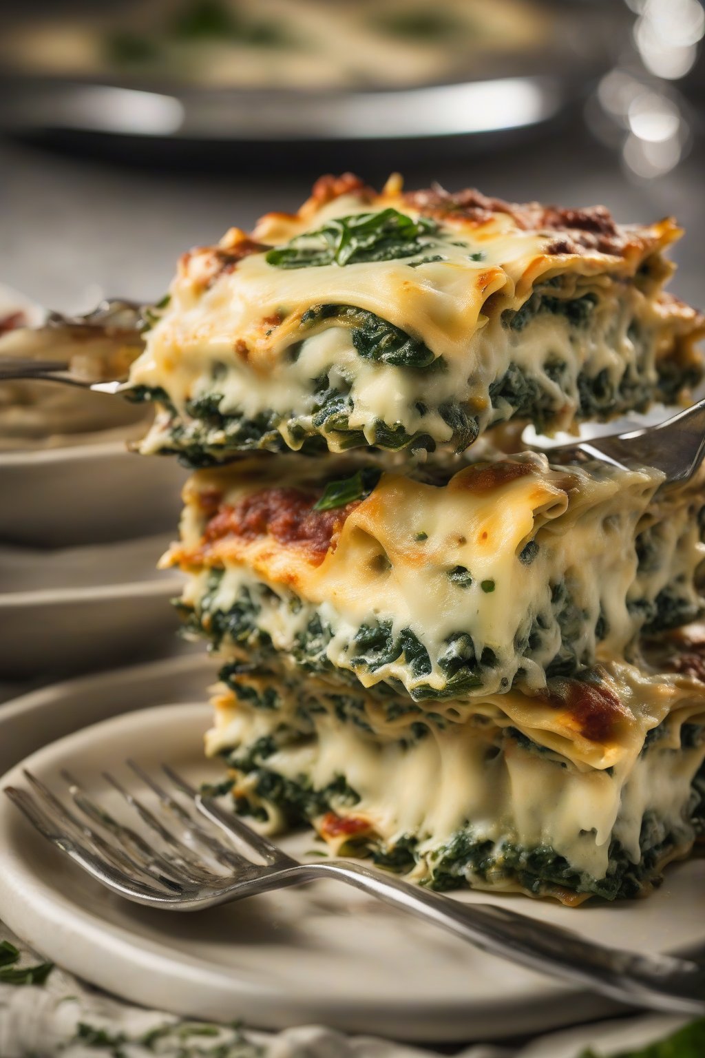 A high-resolution photo of vegetarian spinach lasagna with green flecks peeking through cheese layers, under soft lighting.