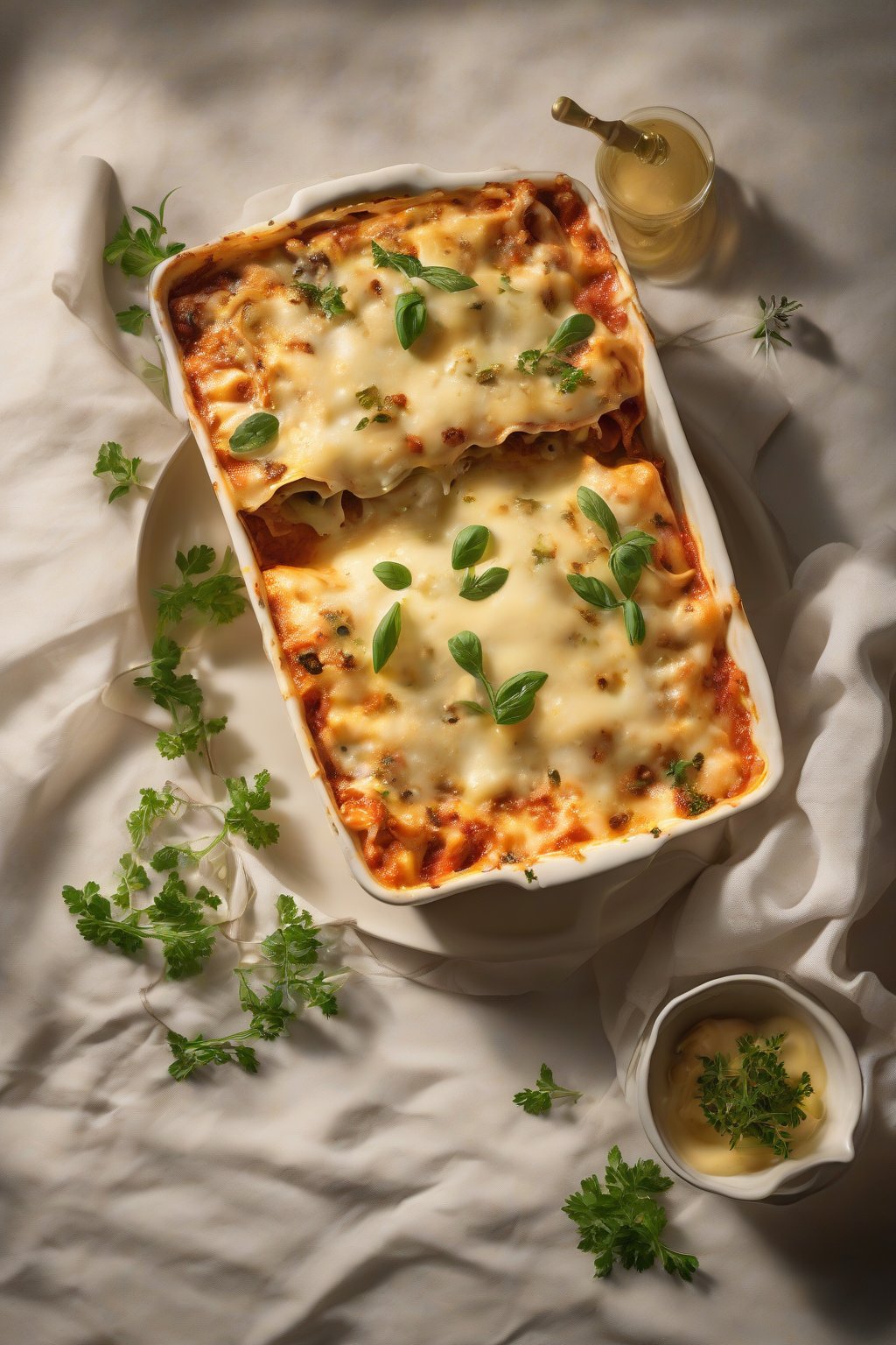 A high-resolution photo of seafood lasagna topped with golden cheese and garnished with herbs, under soft lighting.