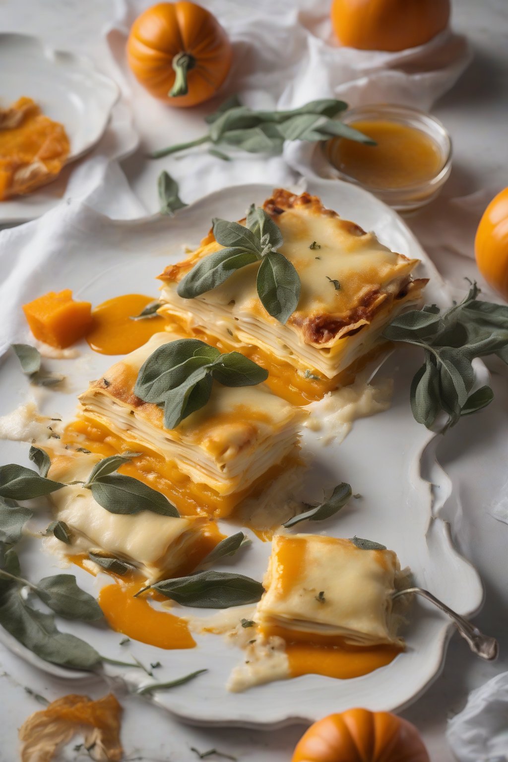 A high-resolution photo of butternut squash lasagna with orange puree layers and crispy sage, under soft lighting.