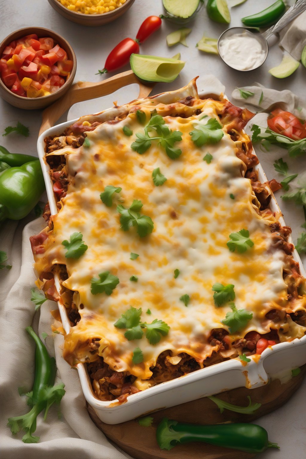 A high-resolution photo of Mexican lasagna with colorful veggies and melted cheese, under soft lighting.
