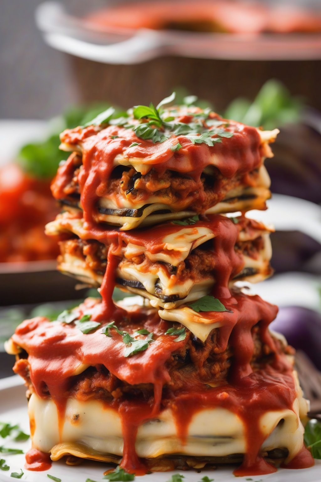 A high-resolution photo of vegan eggplant lasagna stacked high with red sauce drips, under soft lighting.