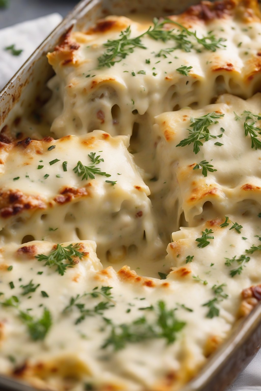 A high-resolution photo of white chicken lasagna with creamy layers and herb garnish, under soft lighting.