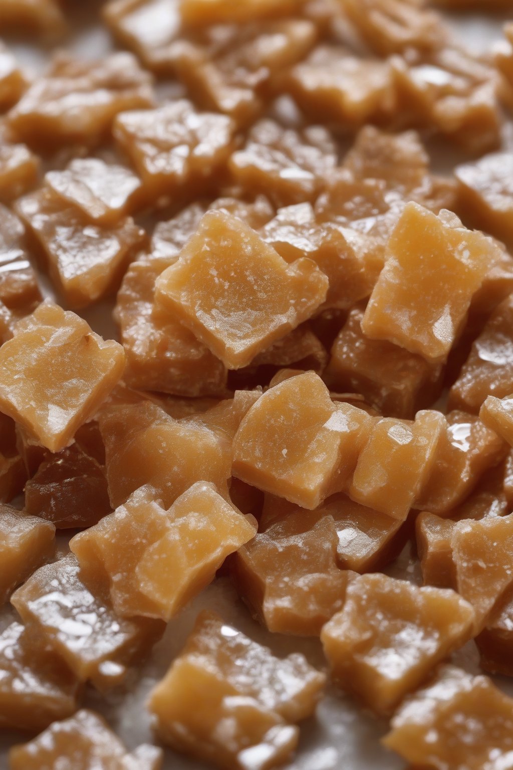 A close-up photo of sea salt-topped chewy butter toffee pieces glistening under soft lighting.
