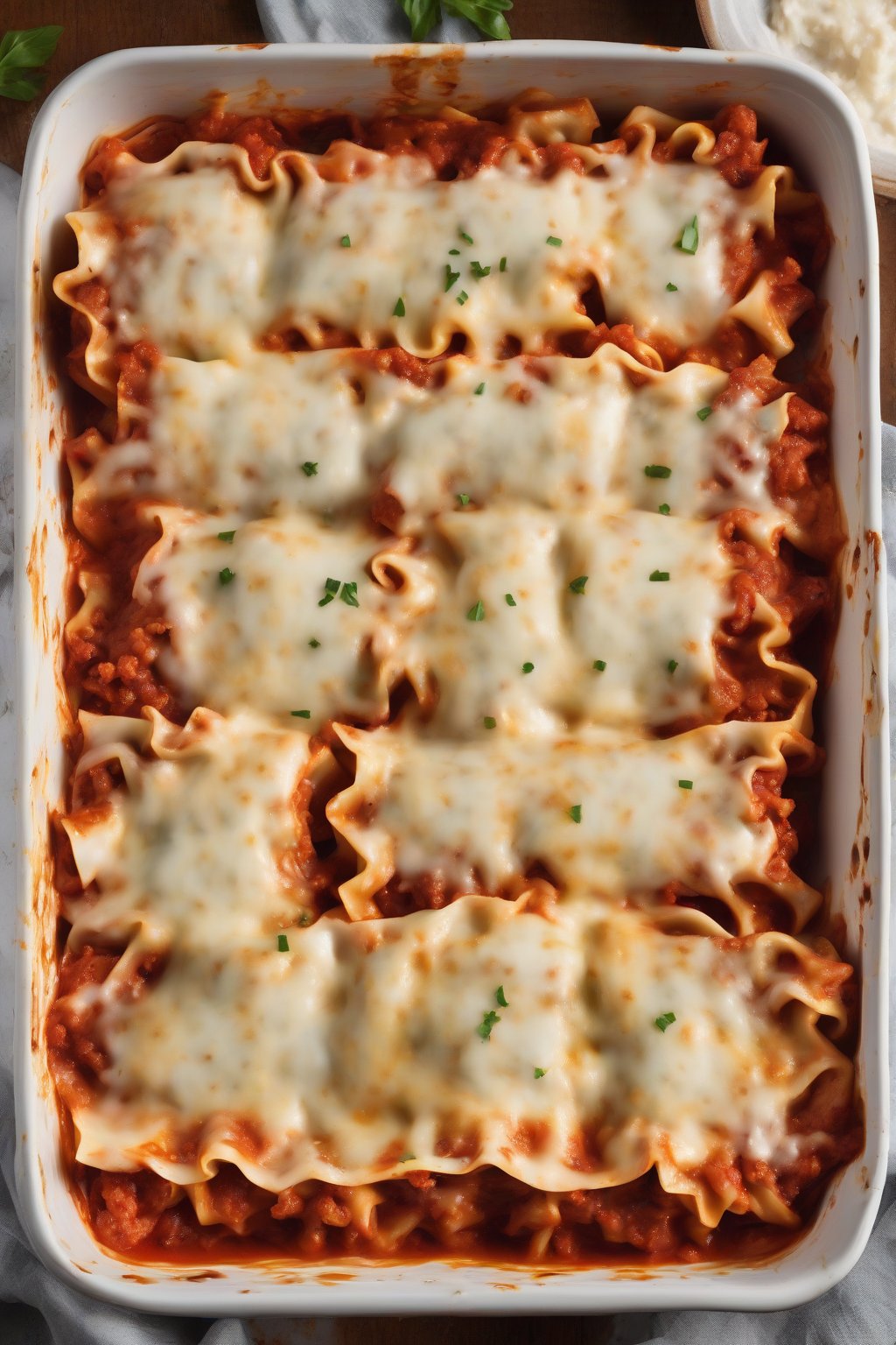 A high-resolution photo of lasagna roll-ups in a baking dish with sauce pooling around, under soft lighting.