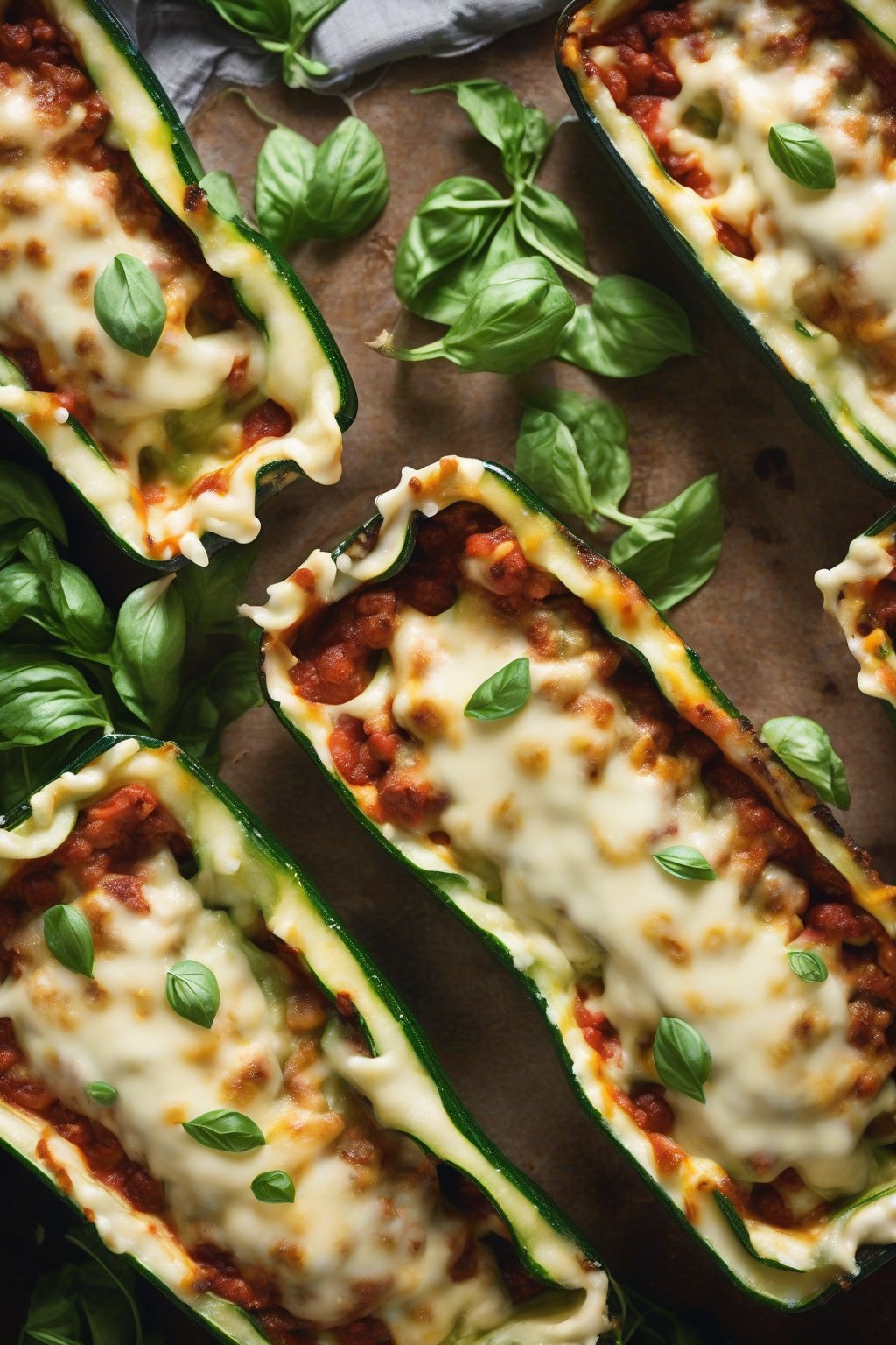 A high-resolution photo of zucchini lasagna boats with neat green edges and cheese pull, under soft lighting.