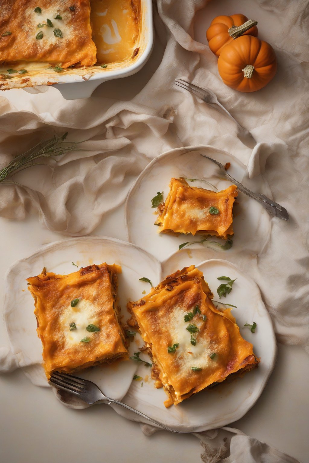 A high-resolution photo of pumpkin lasagna with warm orange hues and browned top, under soft lighting.