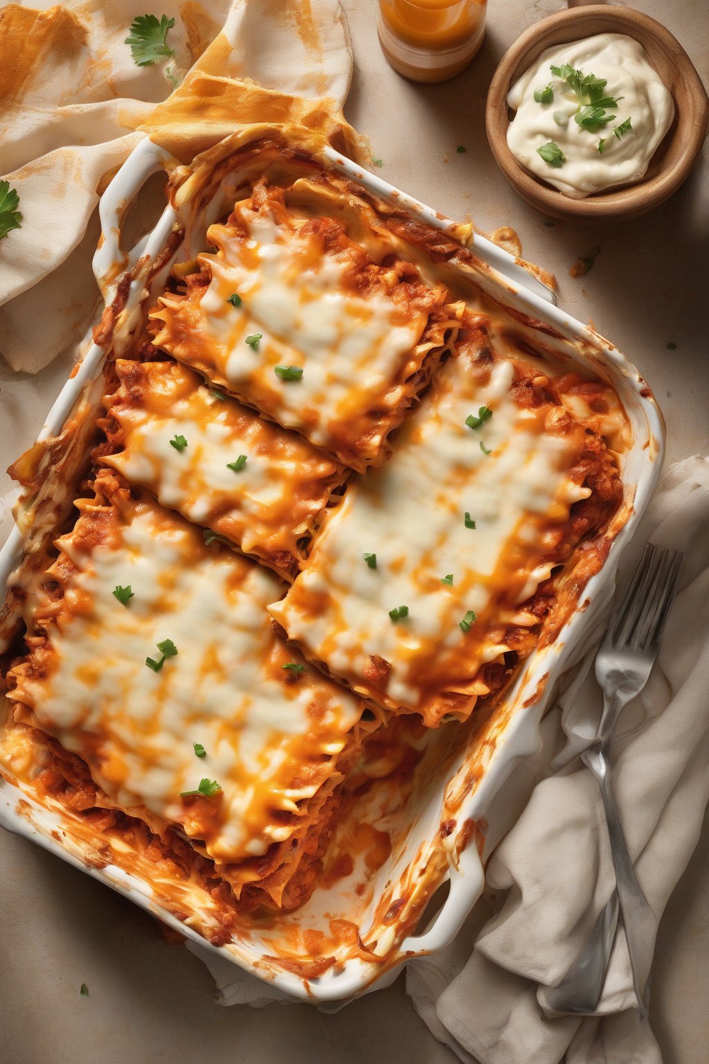 A high-resolution photo of buffalo chicken lasagna with fiery sauce streaks and cheese melt, under soft lighting.