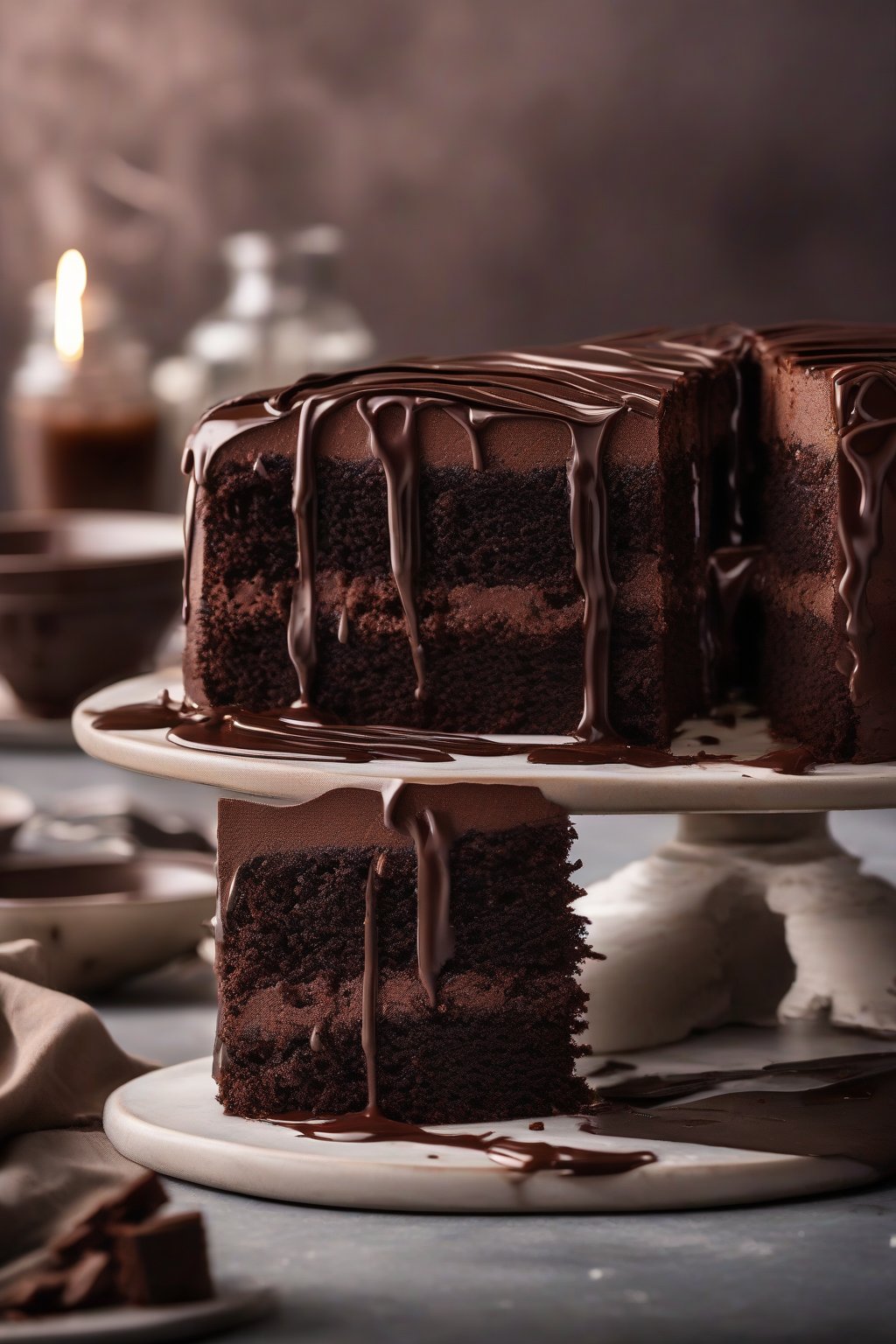 A high-resolution photo of a sliced fudgy chocolate cake revealing its moist, dense interior, drizzled with glossy ganache under soft lighting.