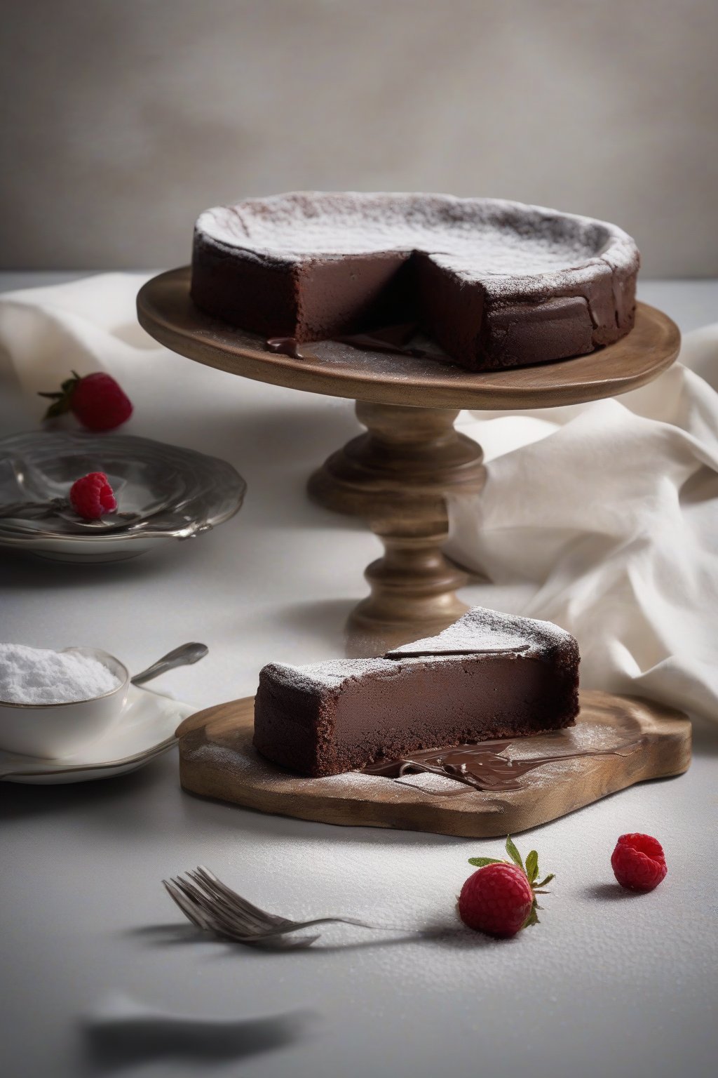 A high-resolution photo of a flourless chocolate torte with a glossy cracked top, powdered sugar dusting, served on a pedestal under soft lighting.