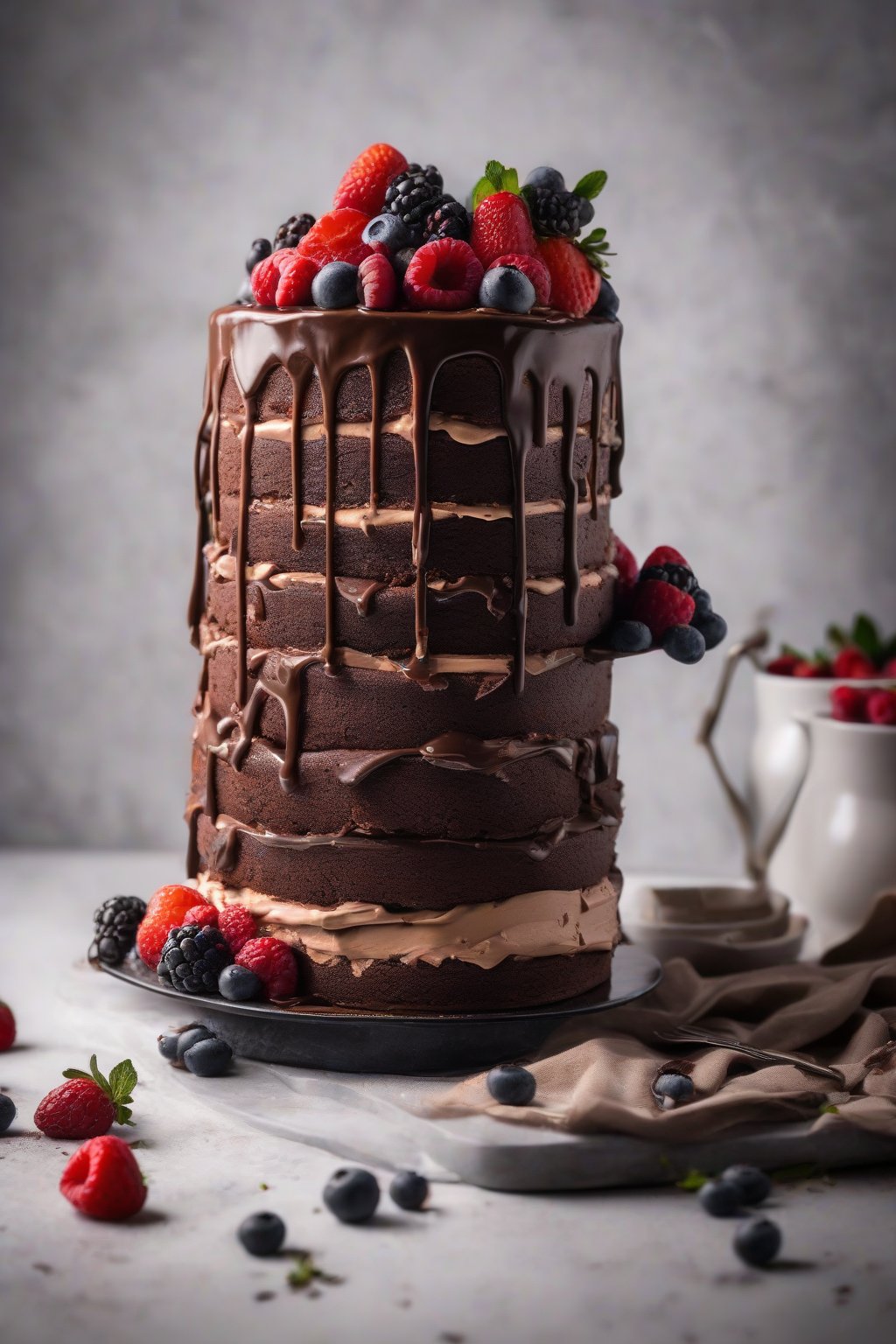 A high-resolution photo of a towering triple chocolate layer cake with dripping ganache and fresh berries, sliced to show layers under soft lighting.