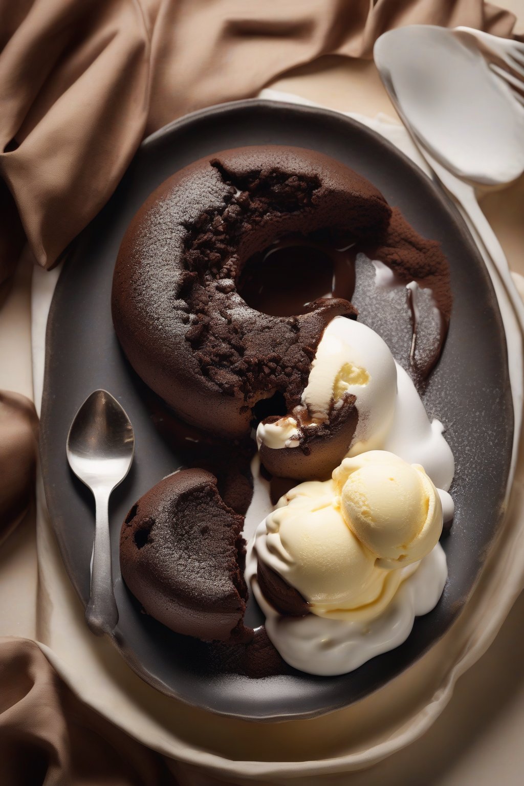 A high-resolution photo of a chocolate lava cake with molten center spilling out, accompanied by vanilla ice cream under soft lighting.