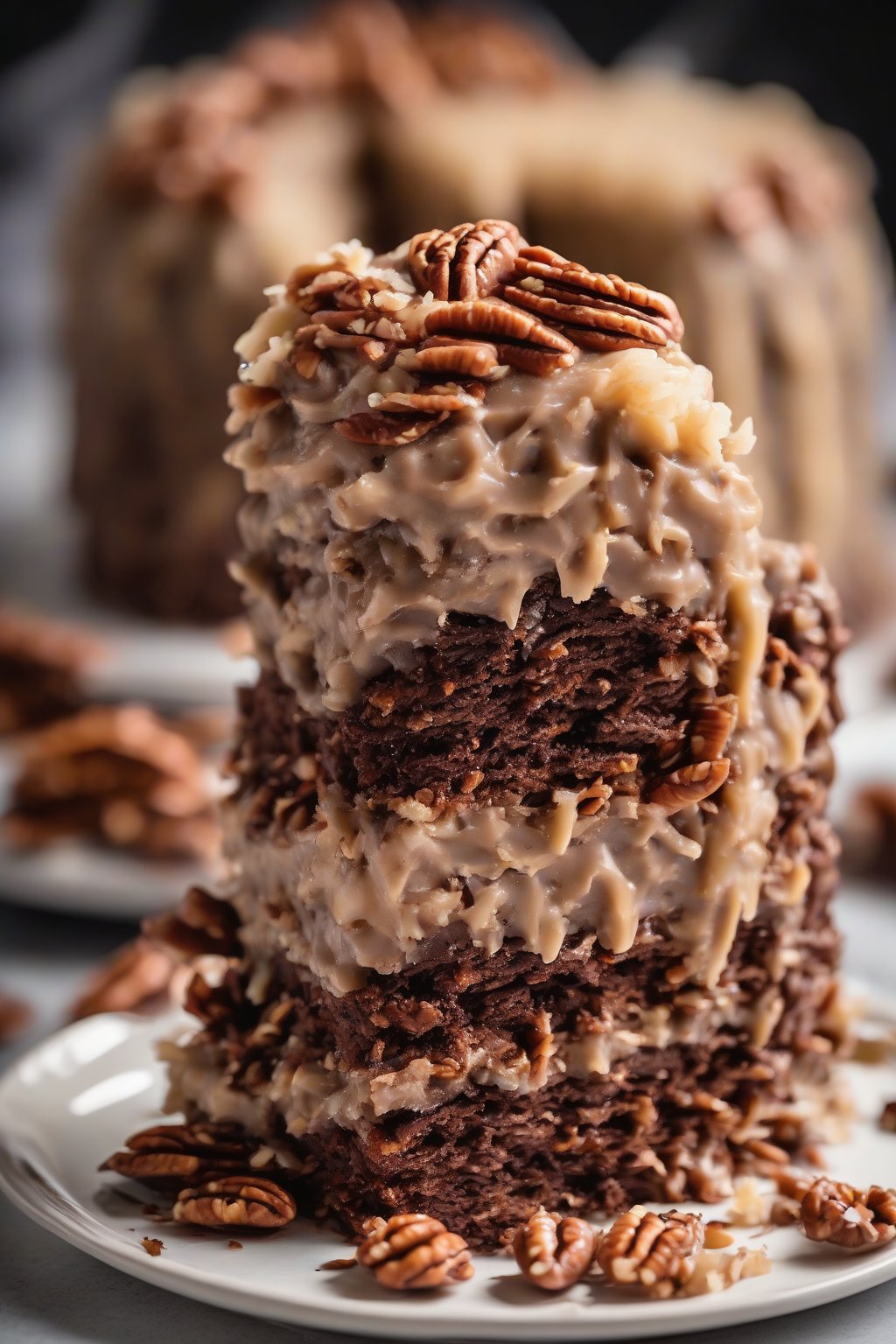 A high-resolution photo of German chocolate cake with gooey coconut-pecan frosting cascading over tall layers under soft lighting.