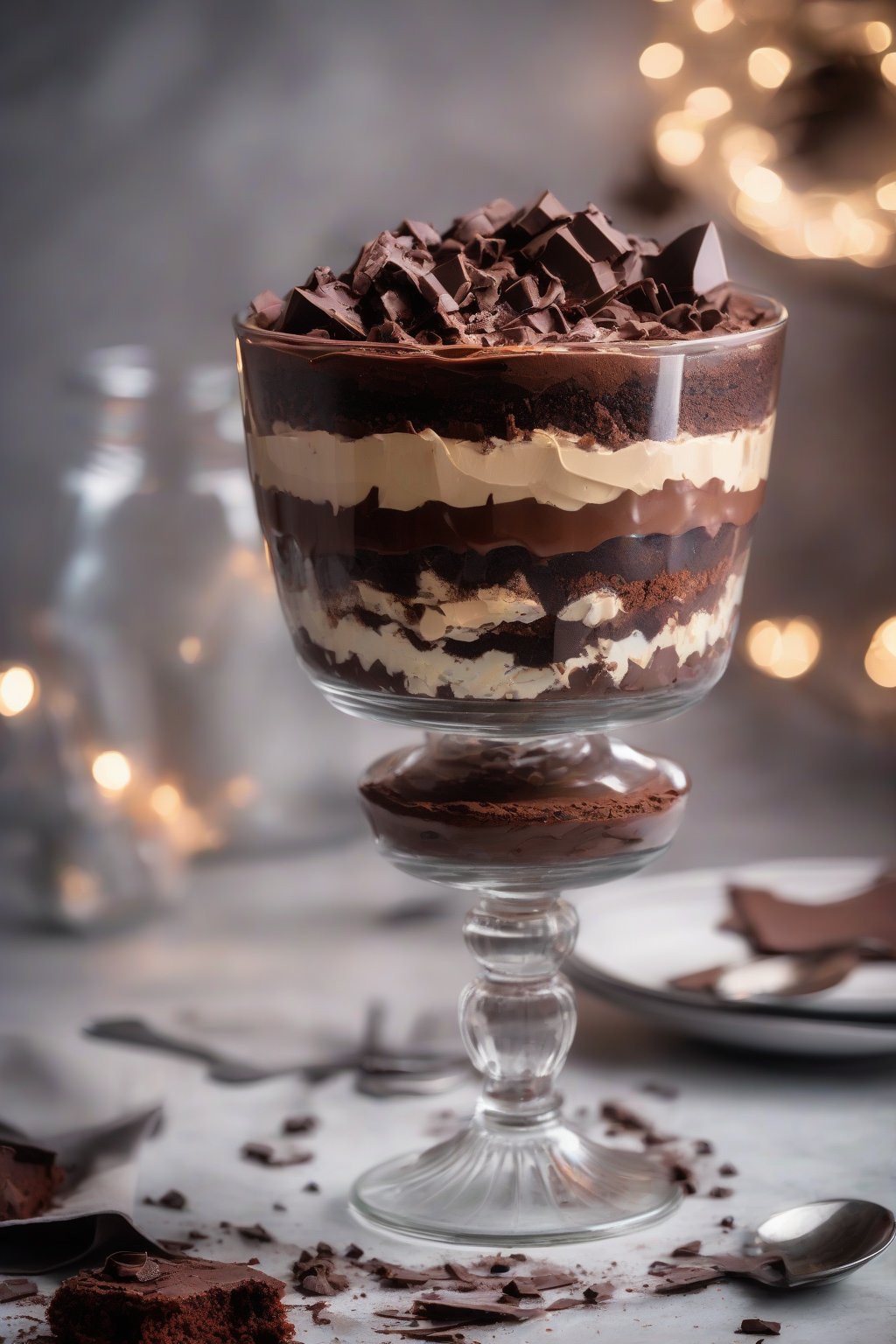 A high-resolution photo of Death by Chocolate cake in a glass trifle, layered with brownies, mousse, and candy bits under soft lighting.
