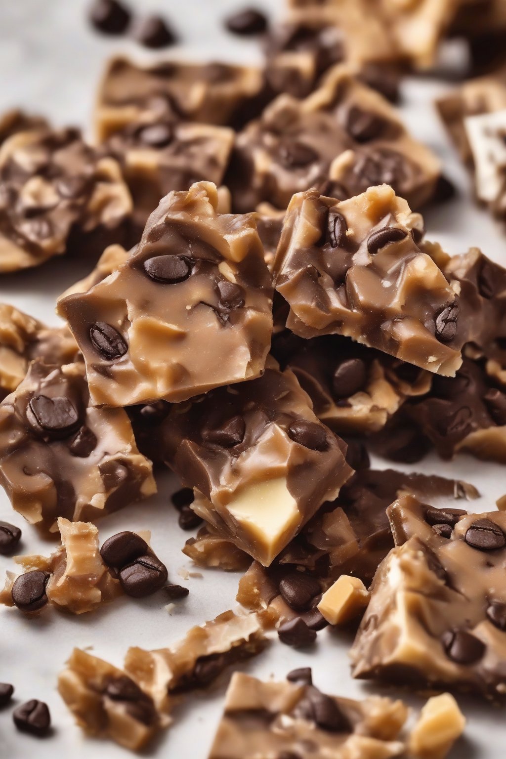 A close-up photo of dark coffee-flecked chewy butter toffee chunks under soft lighting.