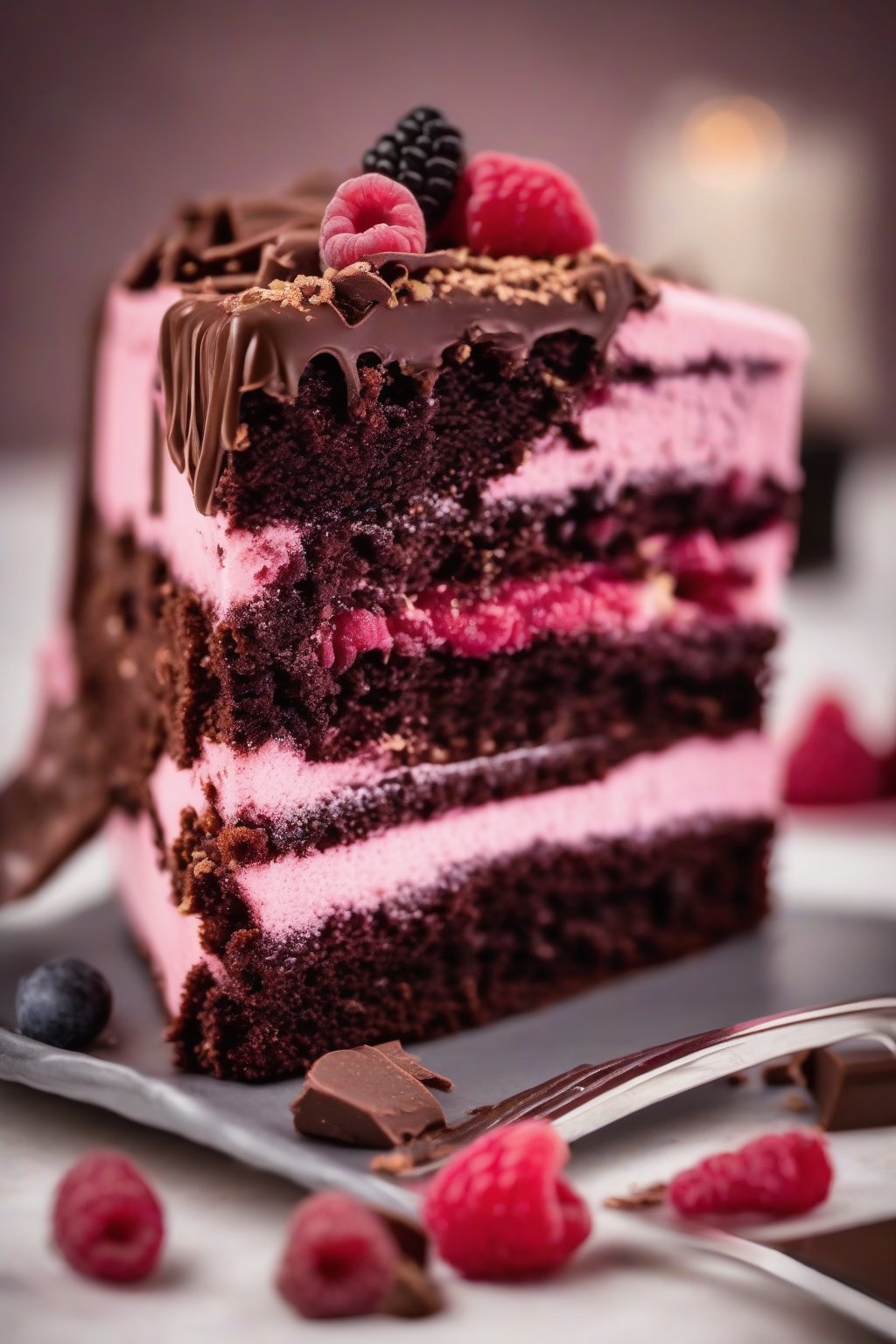 A high-resolution photo of chocolate raspberry cake slice with fresh berries and shiny ganache under soft lighting.