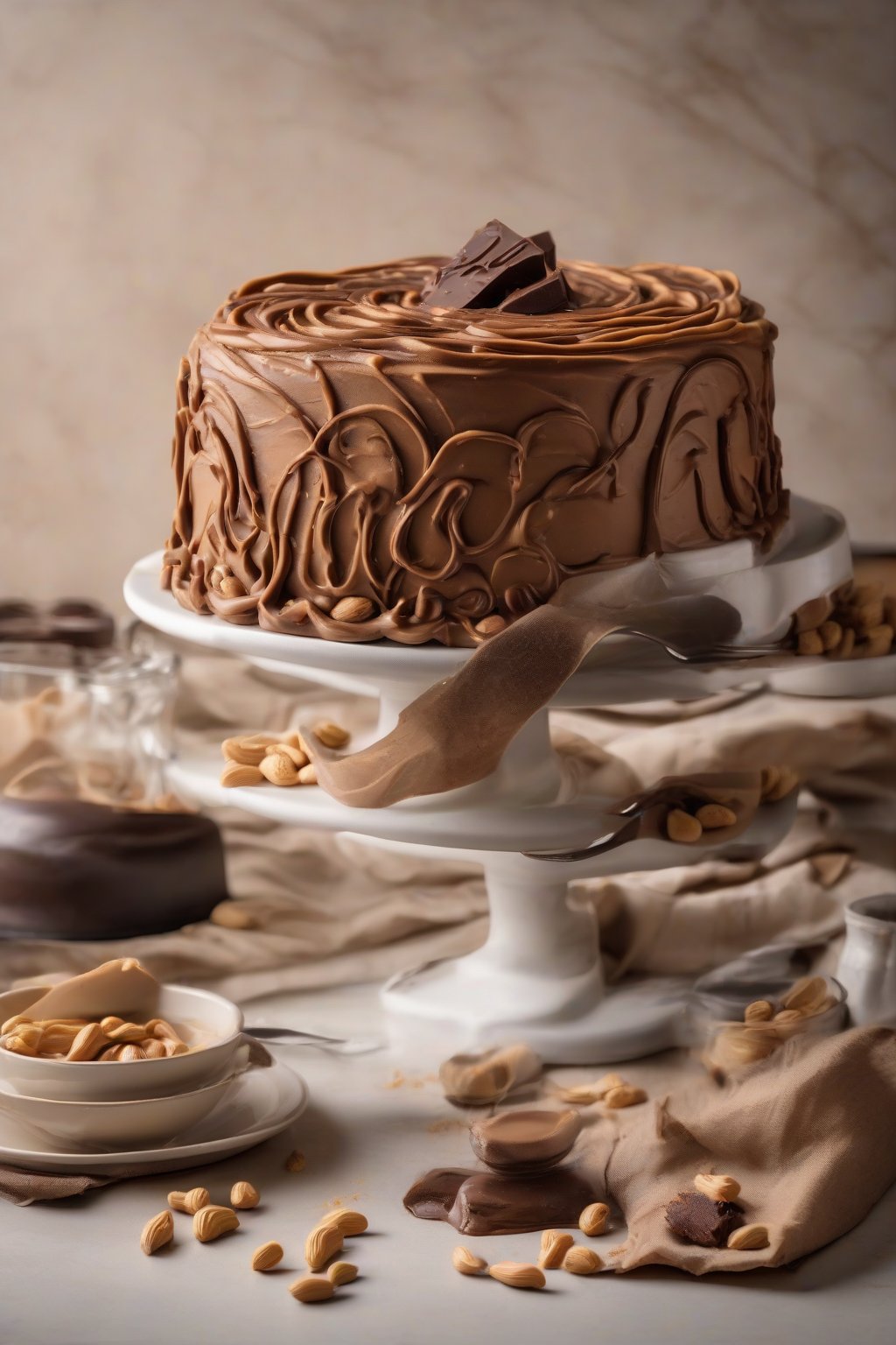 A high-resolution photo of peanut butter chocolate cake with creamy swirls and peanut garnish under soft lighting.