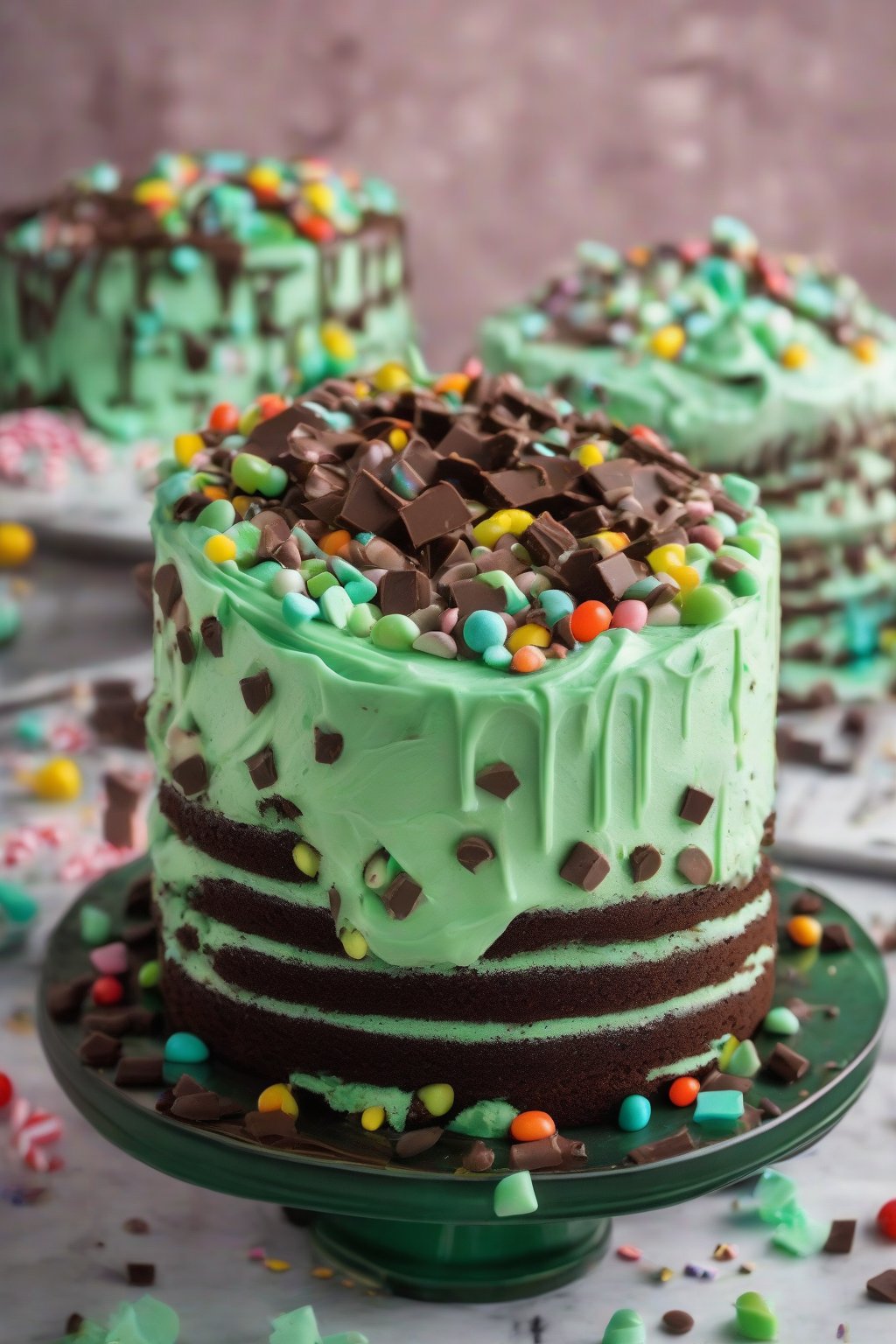 A high-resolution photo of mint chocolate cake with vibrant green frosting and candy pieces under soft lighting.