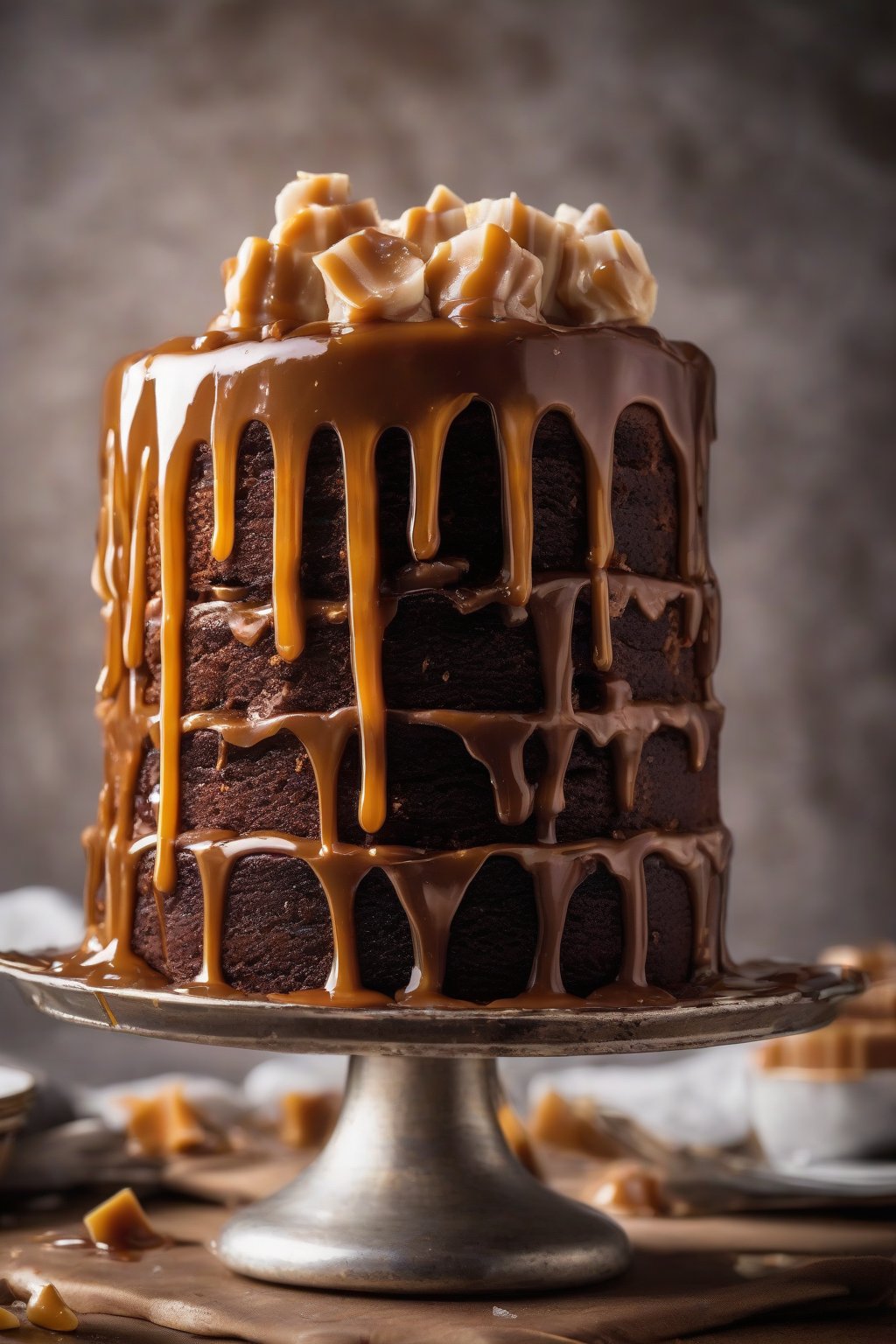 A high-resolution photo of salted caramel chocolate cake with dripping caramel and flaky salt under soft lighting.