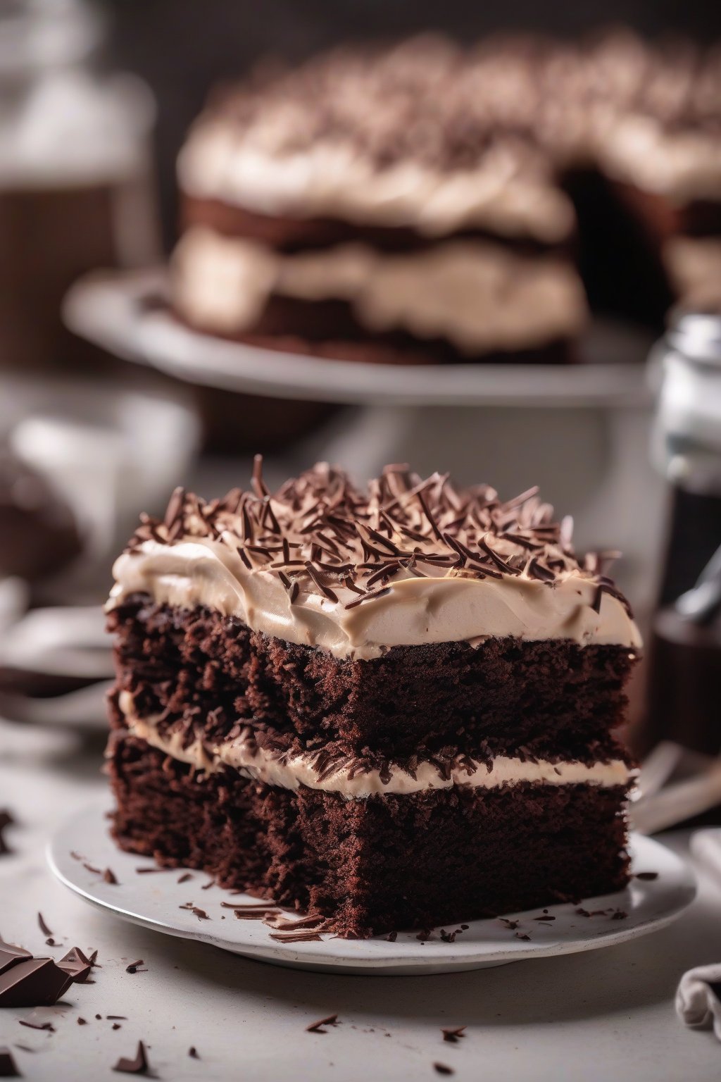 A high-resolution photo of vegan chocolate cake with creamy frosting and chocolate shavings under soft lighting.