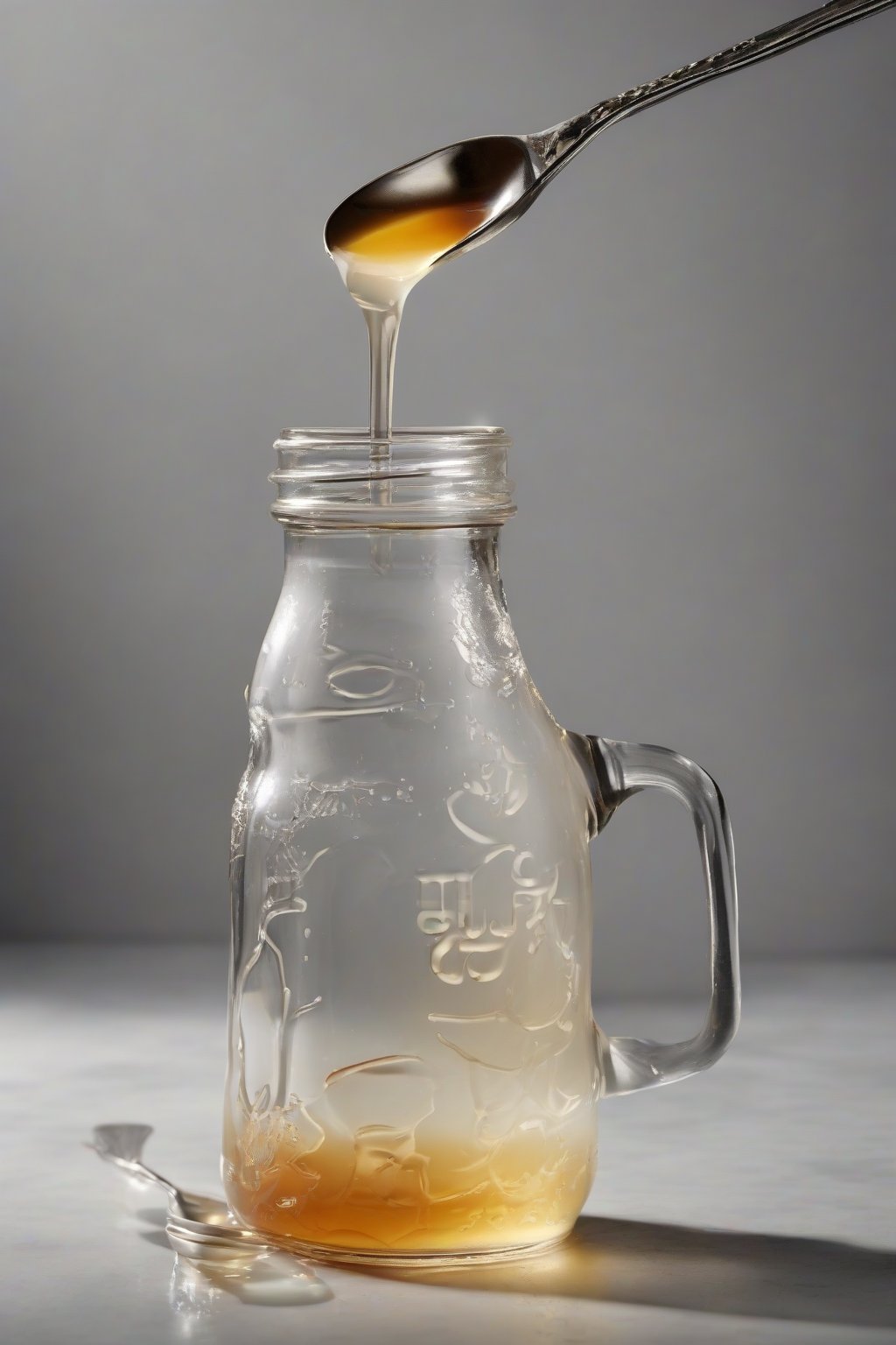 A high-resolution photo of clear classic simple syrup in a glass jar with a spoon dripping syrup, under soft lighting.