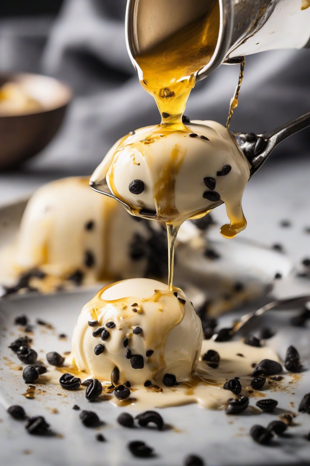 A close-up photo of golden vanilla bean simple syrup pouring over ice cream, flecked with black vanilla seeds, under soft lighting.