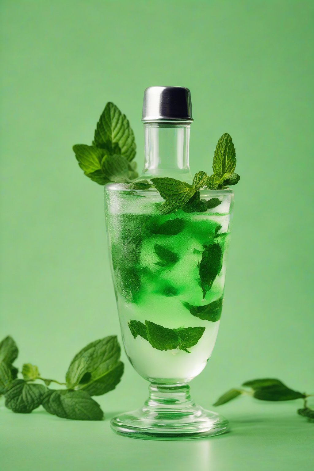 A high-resolution photo of vibrant green mint simple syrup in a cocktail shaker with muddled leaves, under soft lighting.