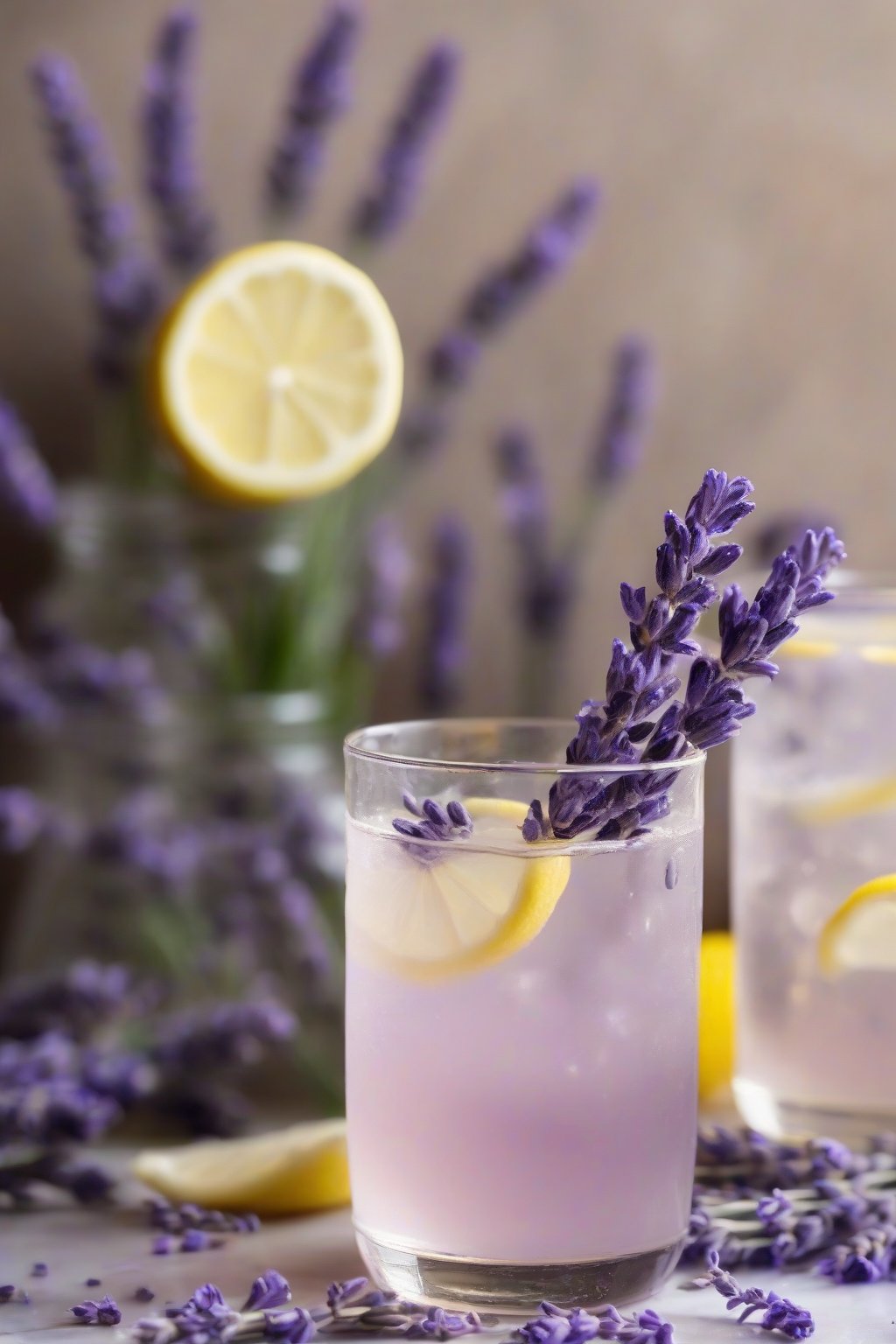 A close-up photo of purple-tinged lavender simple syrup drizzling into a glass of lemonade, with lavender sprigs garnish, under soft lighting.