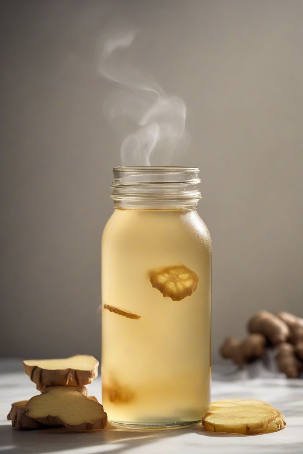 A high-resolution photo of spicy ginger simple syrup in a jar with ginger slices floating, steam rising subtly, under soft lighting.