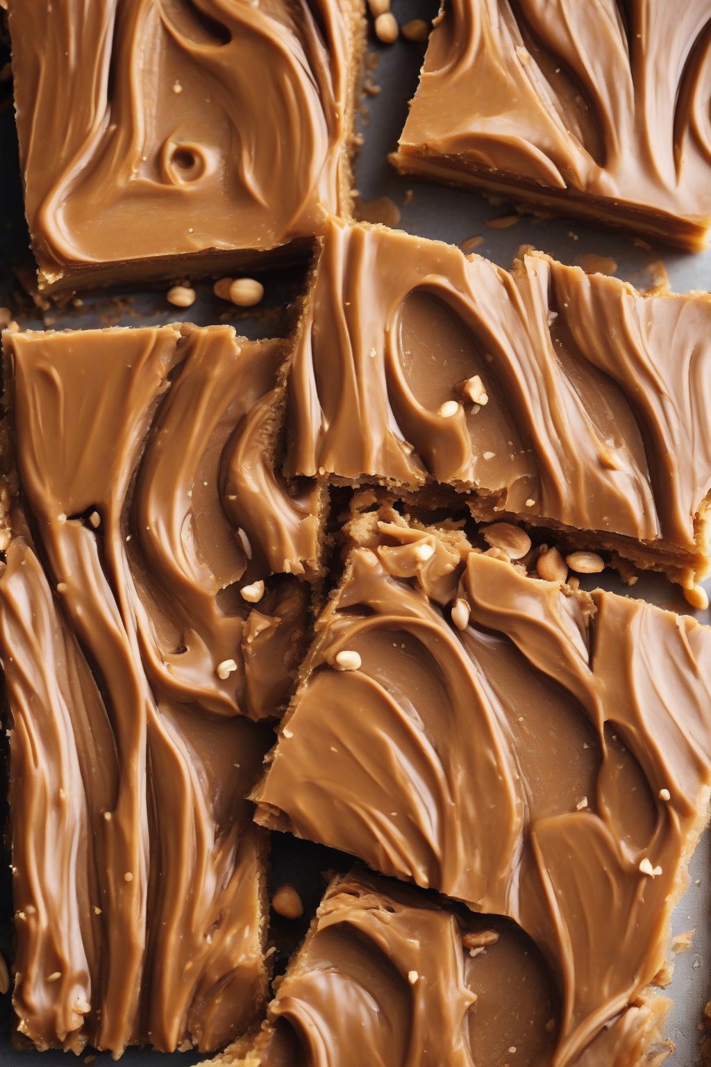 A close-up photo of peanut butter-swirled chewy toffee slices under soft lighting.
