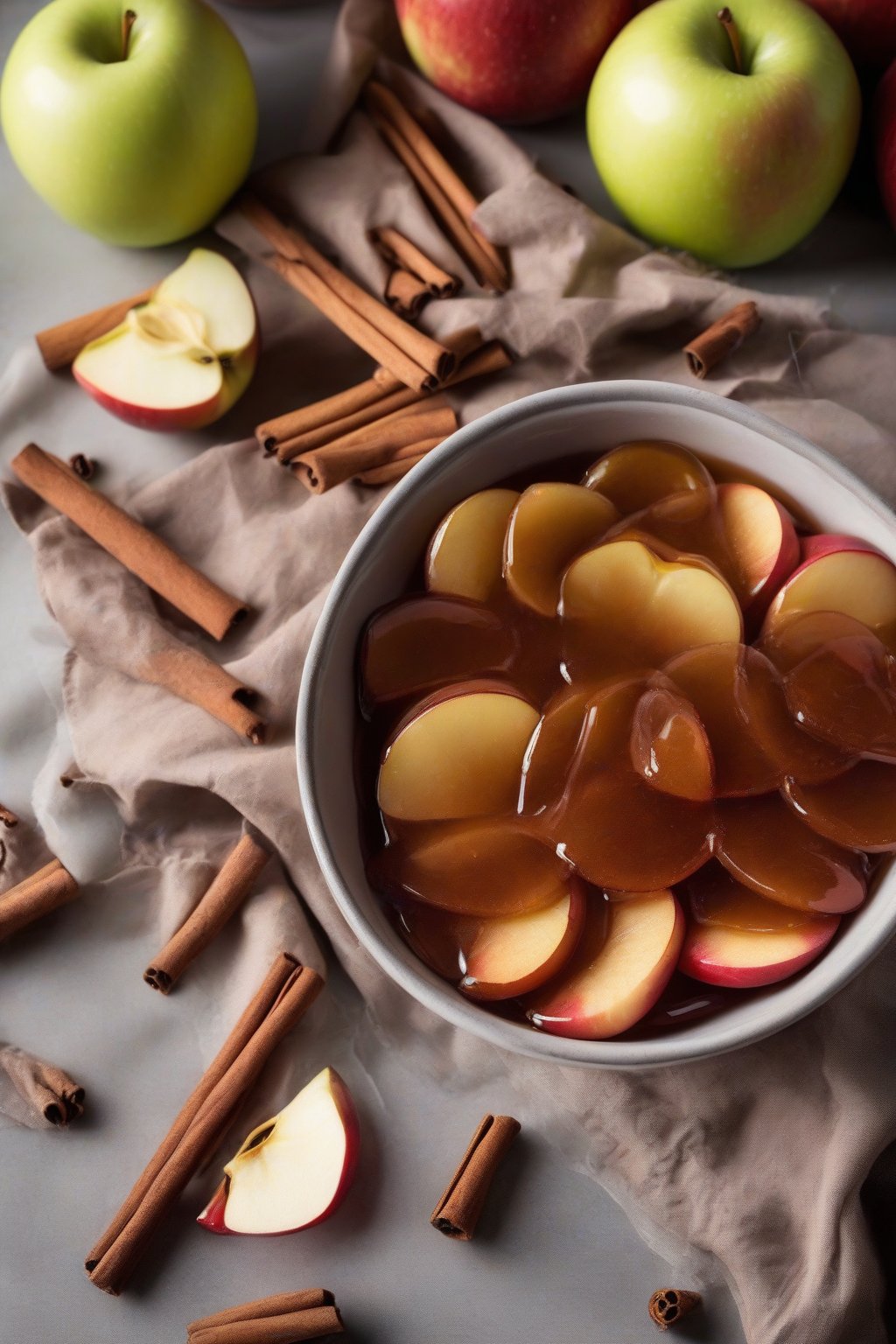 A close-up photo of warm cinnamon simple syrup coating apple slices in a bowl, with cinnamon sticks nearby, under soft lighting.