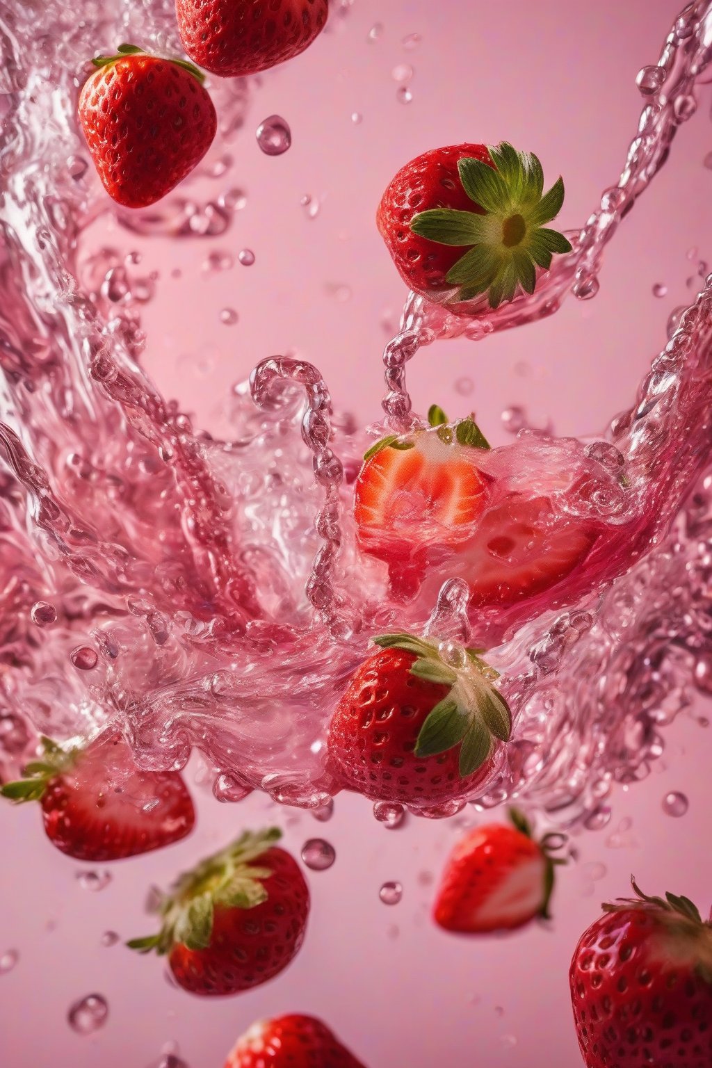 A high-resolution photo of pink strawberry simple syrup swirling into sparkling water with fresh berries, under soft lighting.