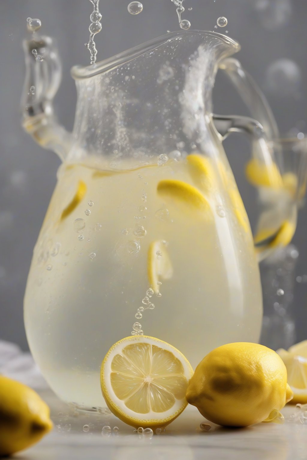 A close-up photo of yellow lemon simple syrup in a pitcher with lemon wheels, bubbles forming, under soft lighting.