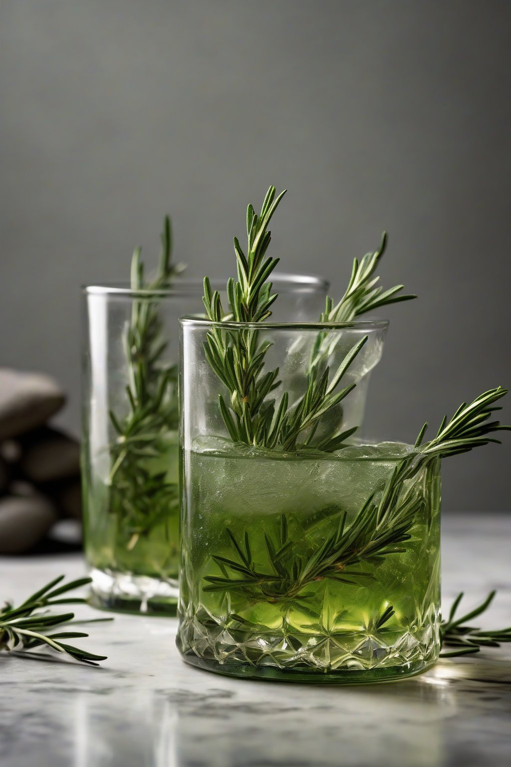A high-resolution photo of green rosemary simple syrup garnished with herb sprigs in a rocks glass, under soft lighting.