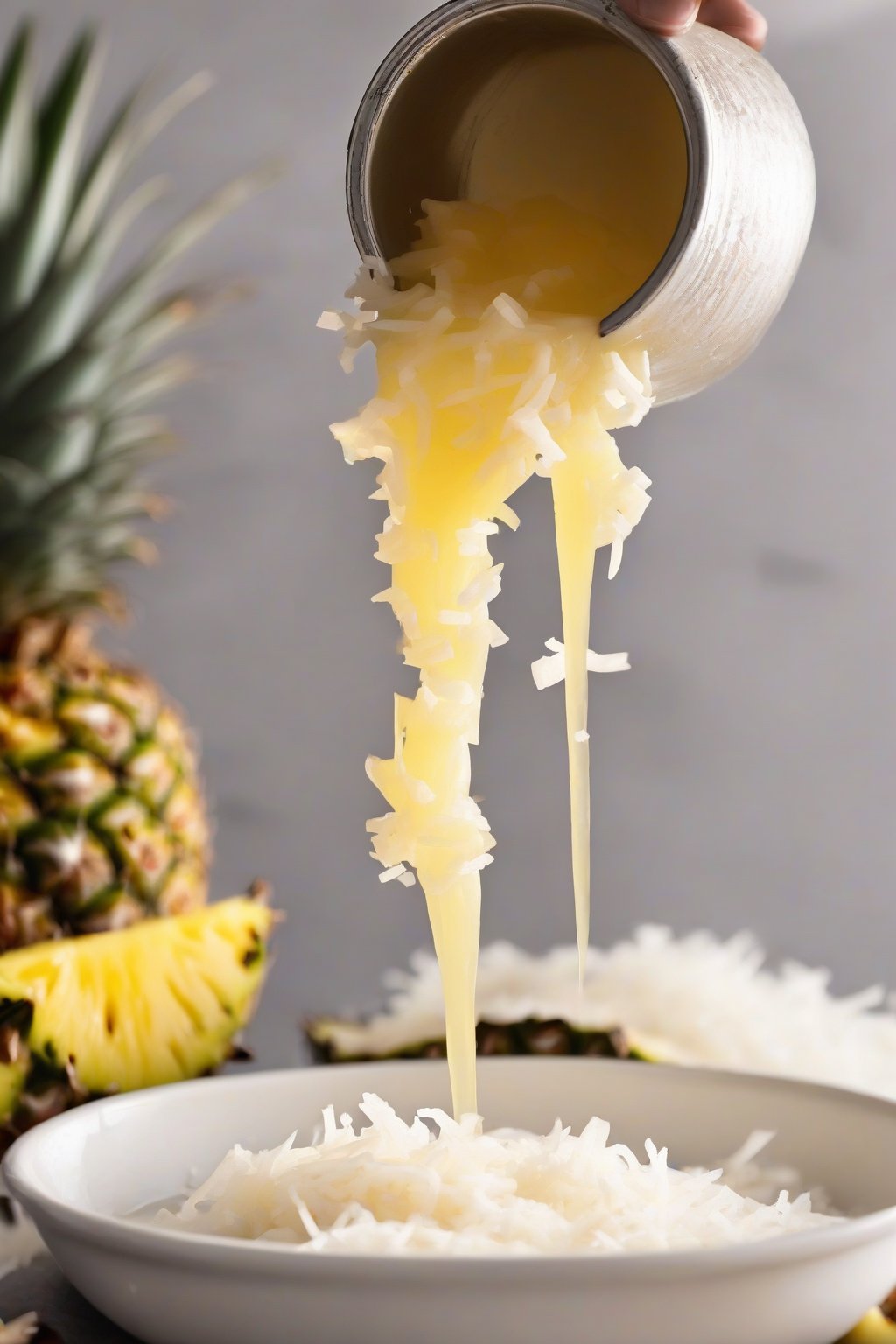 A close-up photo of opaque coconut simple syrup pouring over pineapple chunks, with shredded coconut topping, under soft lighting.