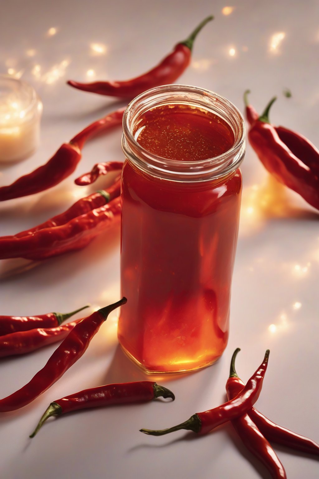 A high-resolution photo of red chili simple syrup in a jar with chili slices, fiery glow, under soft lighting.
