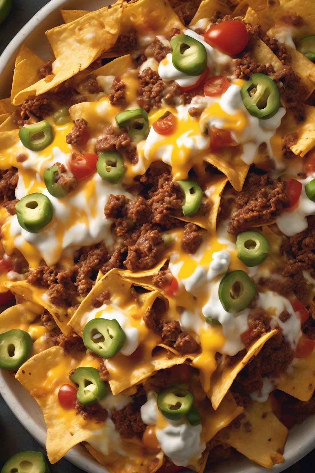 A high-resolution photo of classic supreme nachos piled high with melted cheese, ground beef, and fresh toppings under soft lighting.