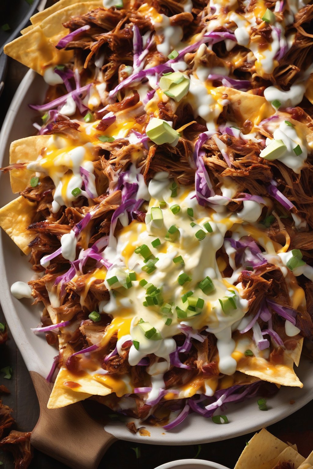 A high-resolution photo of BBQ pulled pork nachos with gooey cheese and tangy slaw under soft lighting.