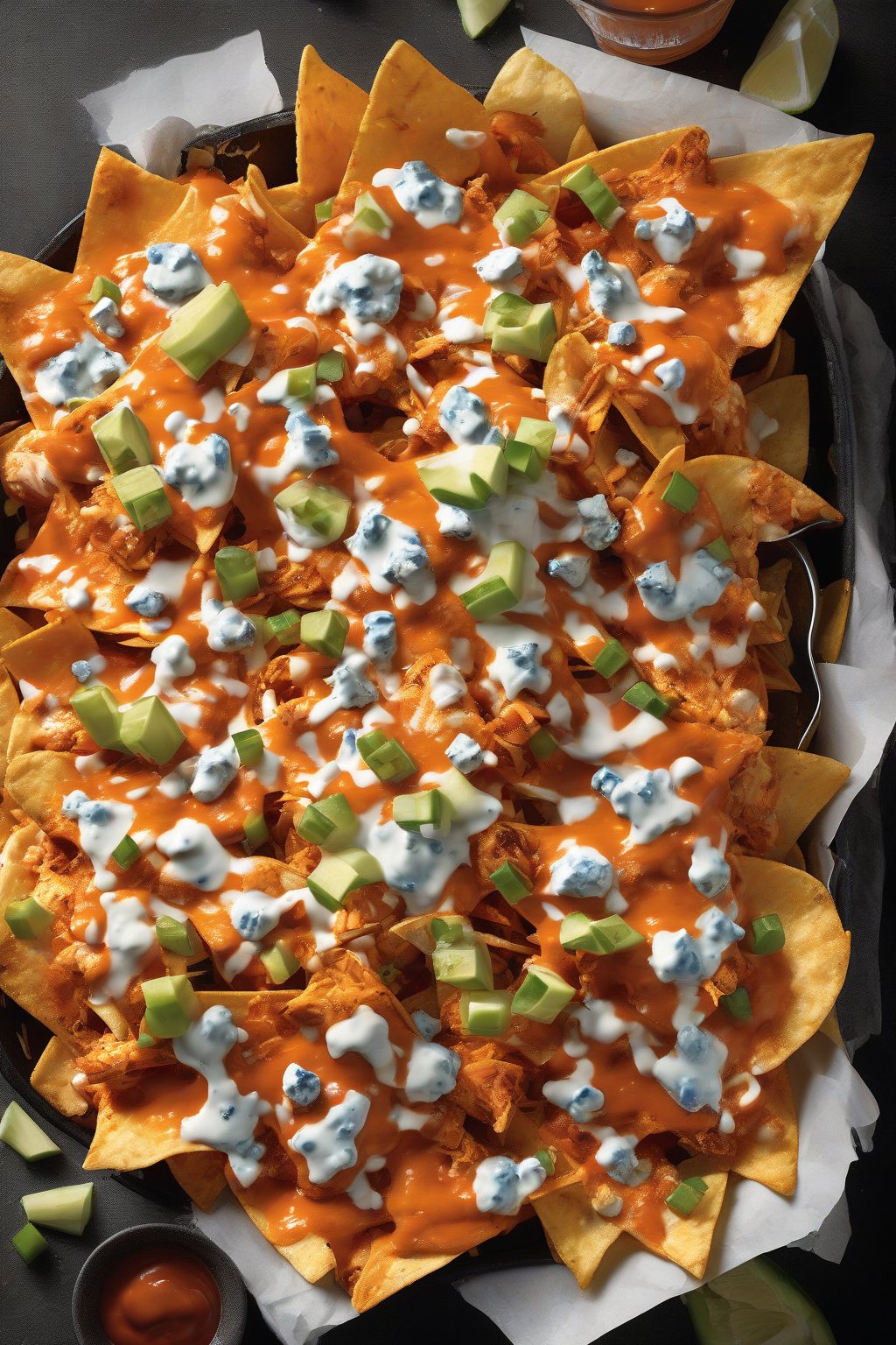 A high-resolution photo of buffalo chicken nachos dripping with sauce and blue cheese under soft lighting.