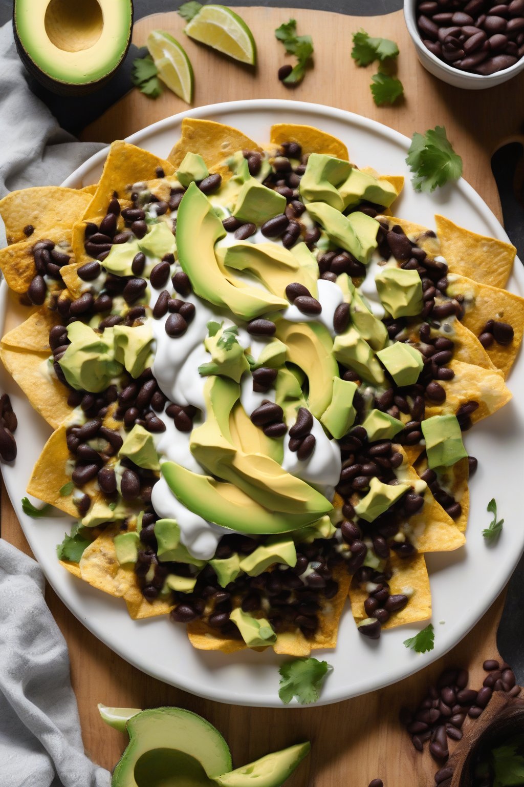 A high-resolution photo of black bean nachos topped with fresh avocado and crema under soft lighting.