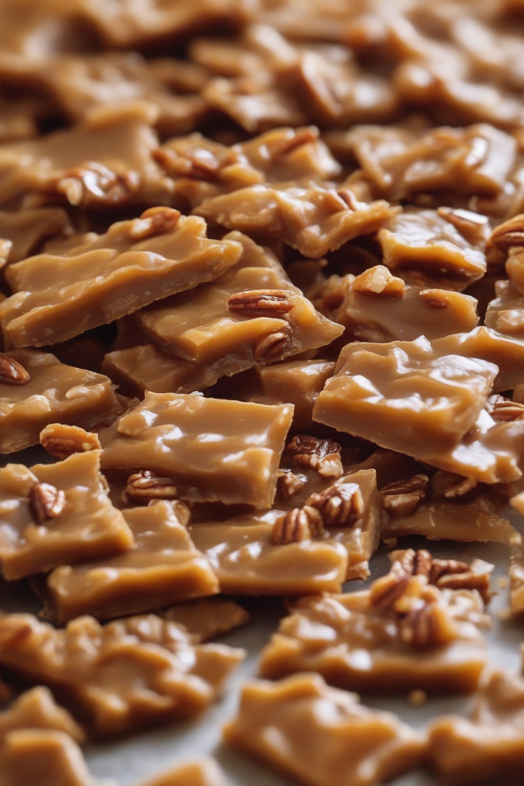 A close-up photo of pecan-filled maple chewy butter toffee pieces under soft lighting.
