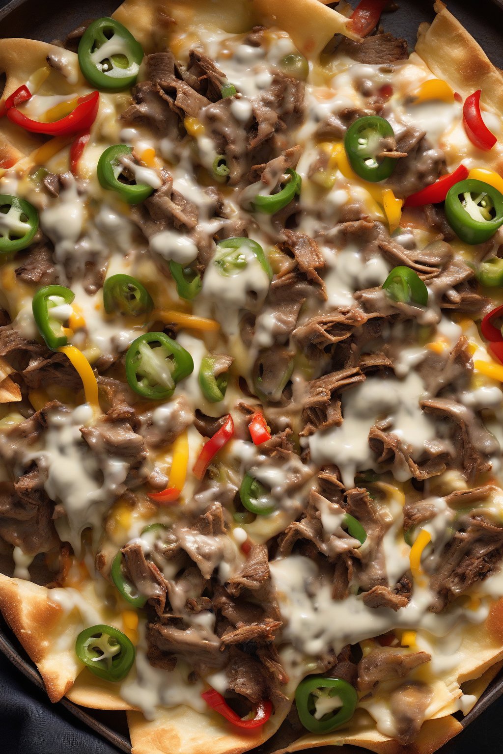 A high-resolution photo of Philly cheesesteak nachos with melted provolone and peppers under soft lighting.