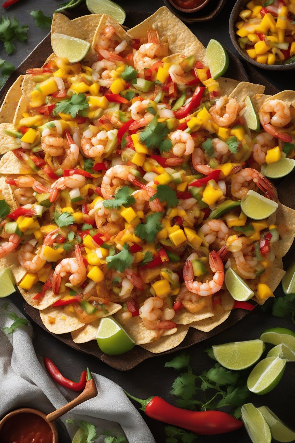 A high-resolution photo of shrimp fajita nachos with vibrant peppers and mango salsa under soft lighting.