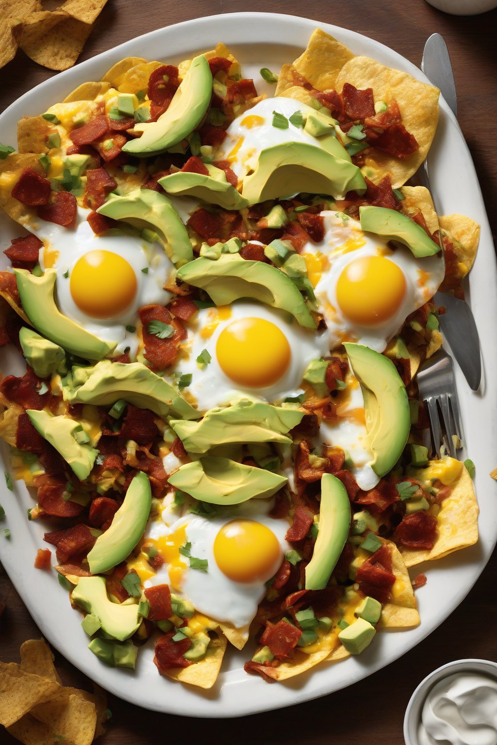 A high-resolution photo of breakfast chorizo nachos with eggs and avocado under soft lighting.