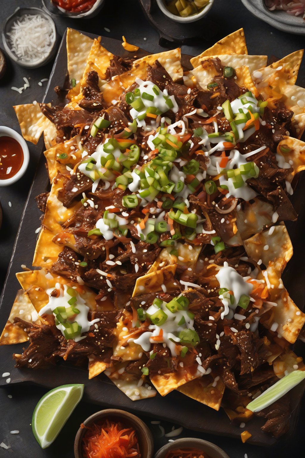 A high-resolution photo of Korean BBQ beef nachos with kimchi and sesame under soft lighting.