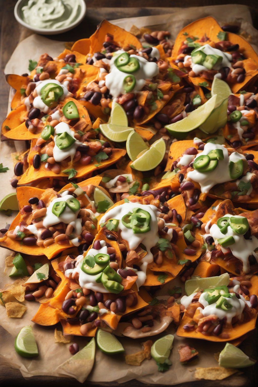 A high-resolution photo of sweet potato nachos loaded with turkey and beans under soft lighting.