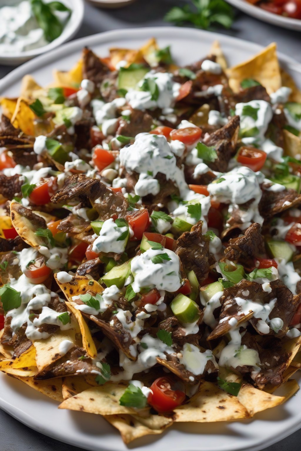 A high-resolution photo of Mediterranean lamb nachos with feta and tzatziki under soft lighting.